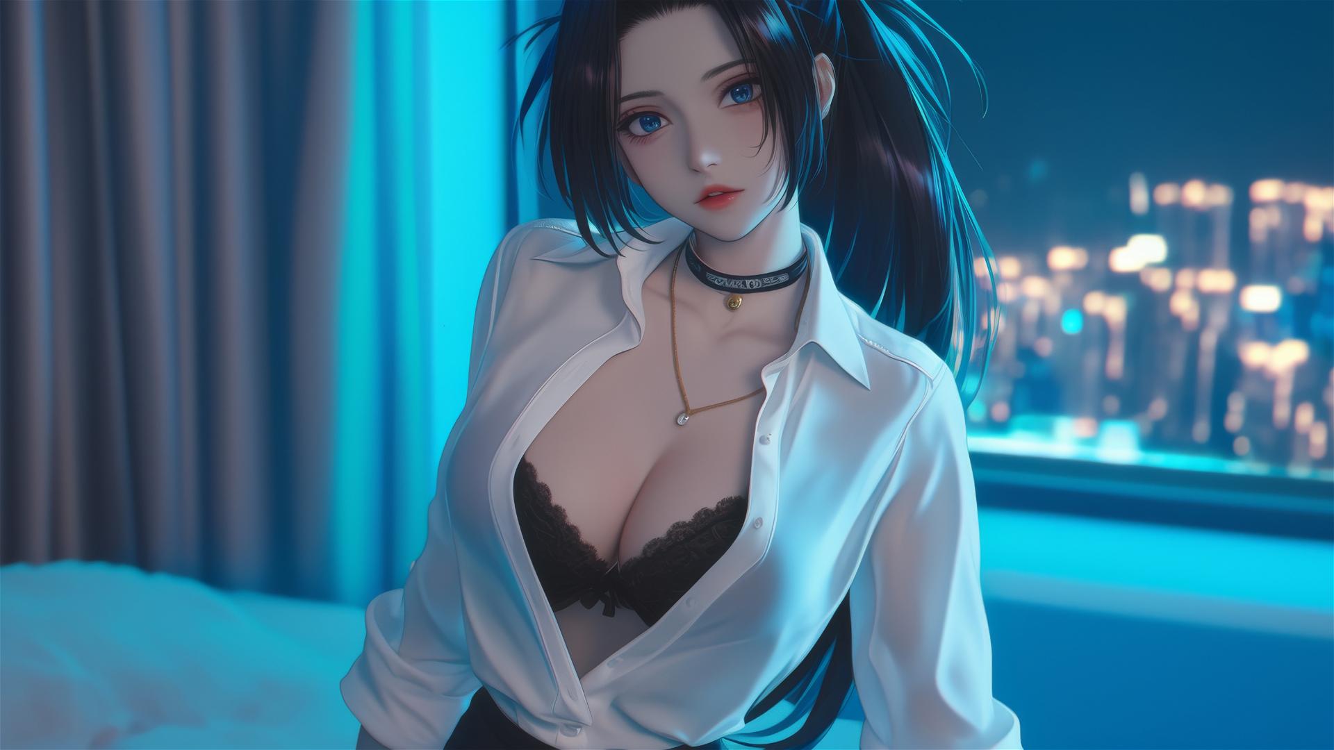 Momo Yaoyorozu in white office shirt with neon light glow at modern hotel