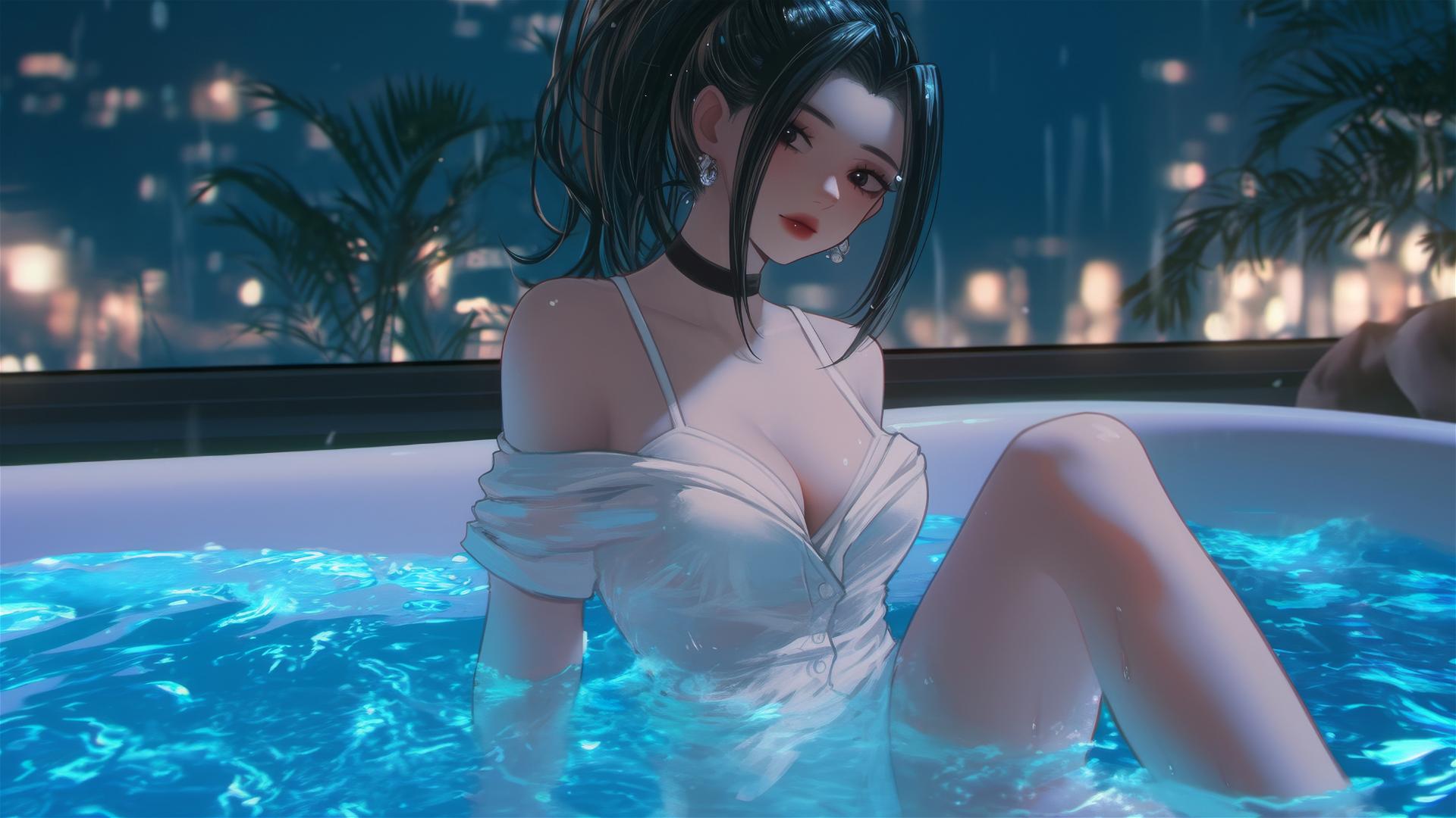 Momo Yaoyorozu in a modern hotel tub with neon light glowing softly