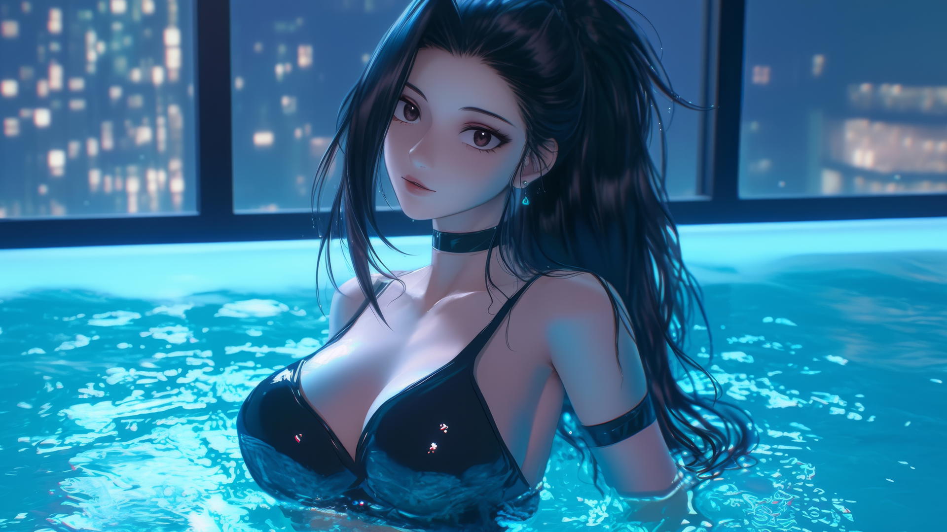 Momo Yaoyorozu from My Hero Academia in a modern hotel tub with neon lighting