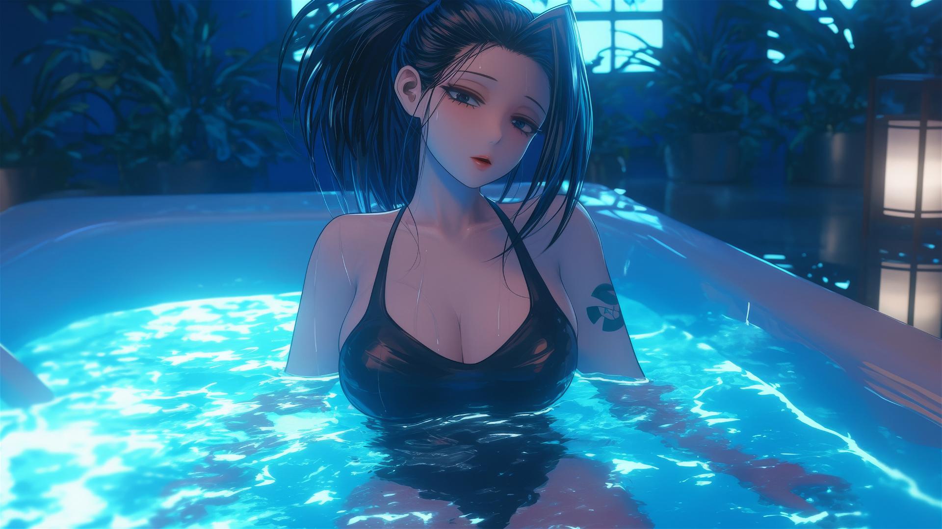 Momo Yaoyorozu from My Hero Academia in a modern hotel tub with neon light glow.
