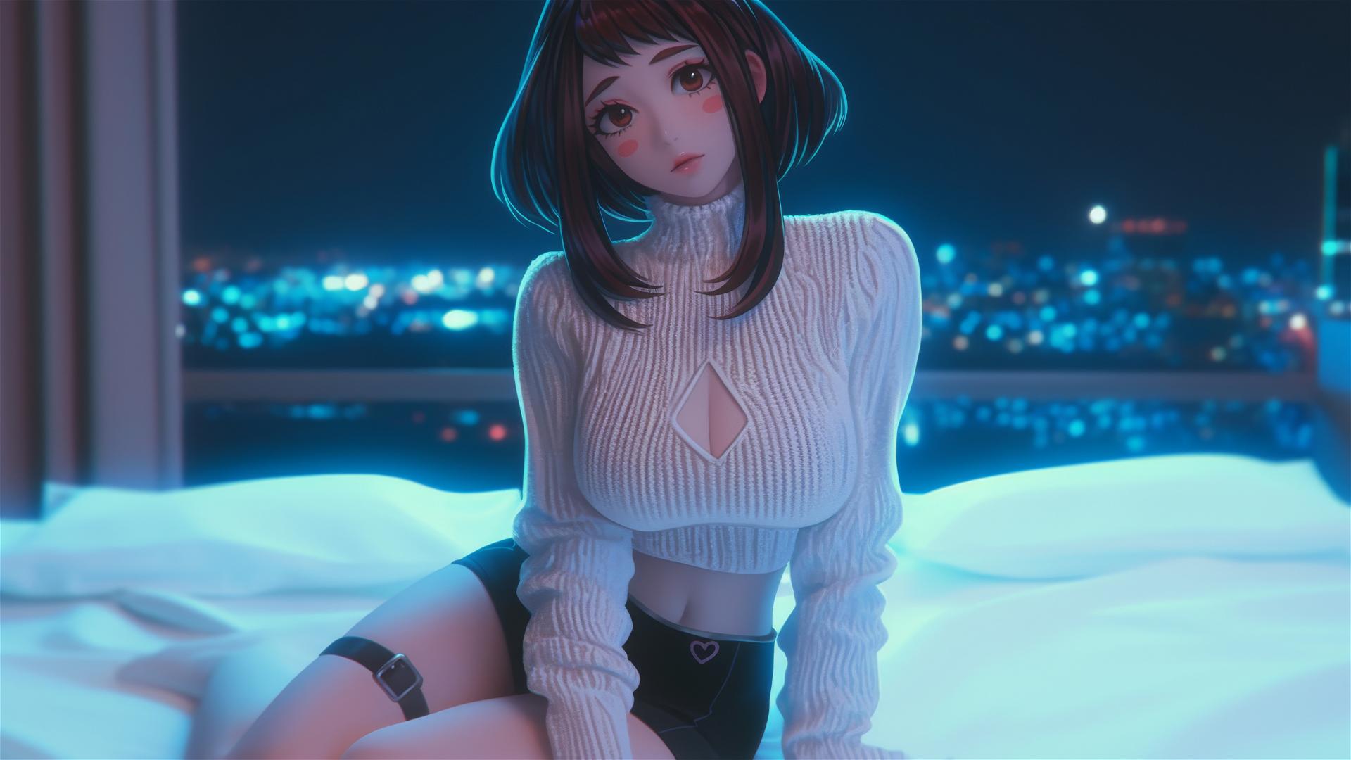 Ochaco Uraraka from My Hero Academia in modern hotel room, neon light glowing.