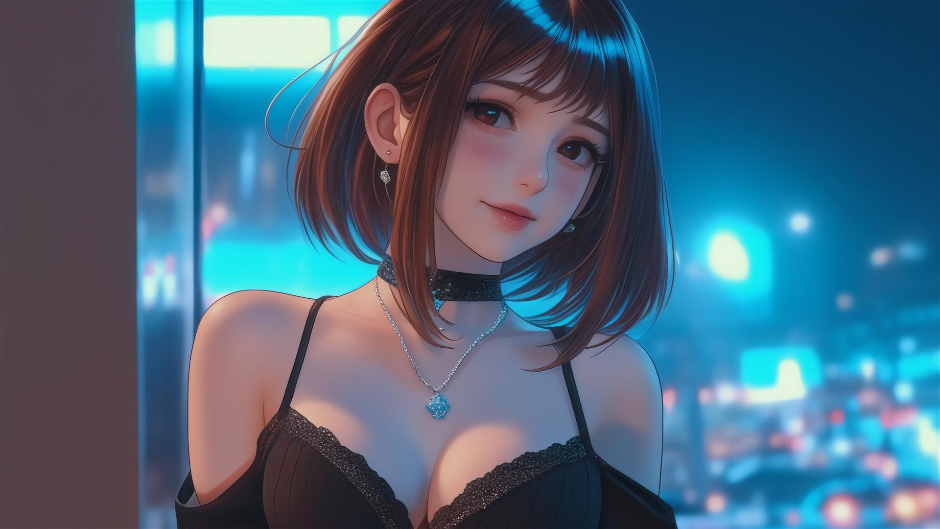 Ochaco Uraraka from My Hero Academia in a modern hotel room with neon lighting.