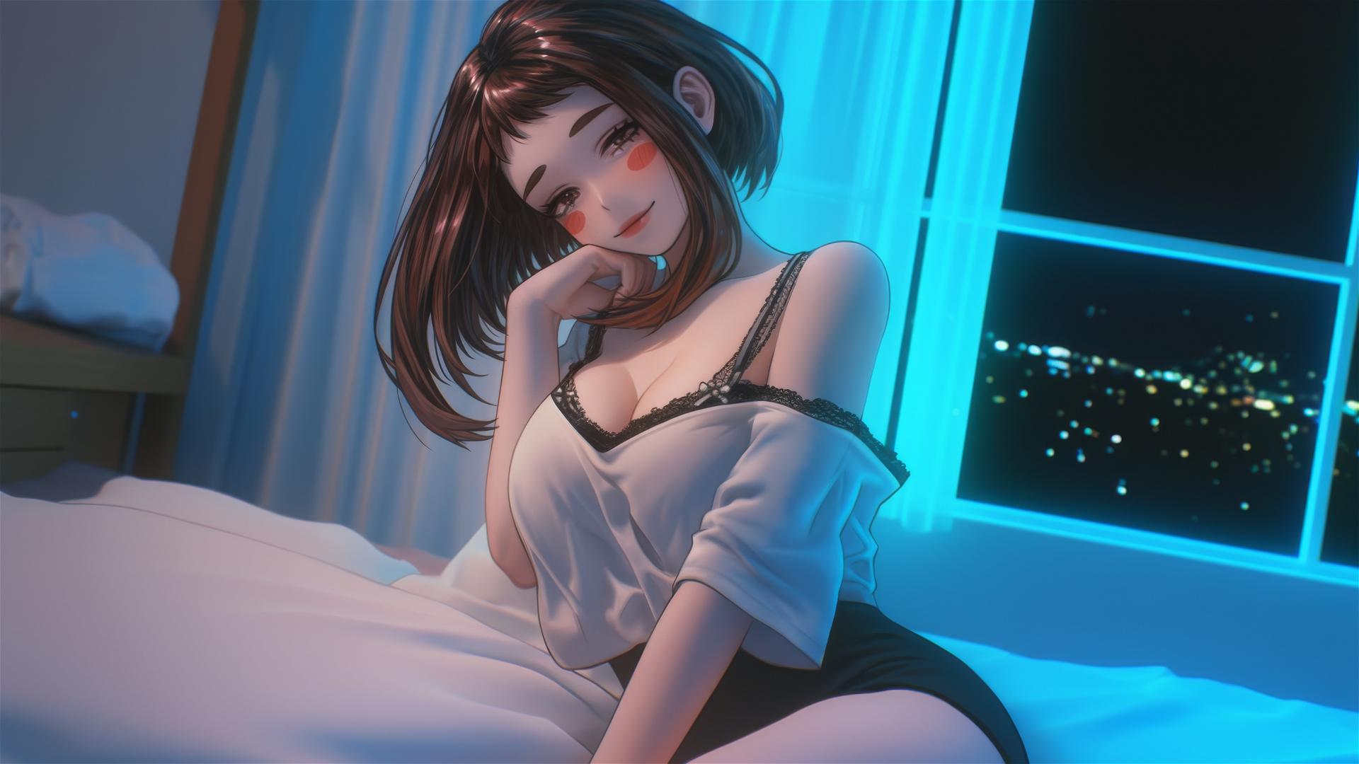 Ochaco Uraraka in modern hotel room with neon light and auburn hair.