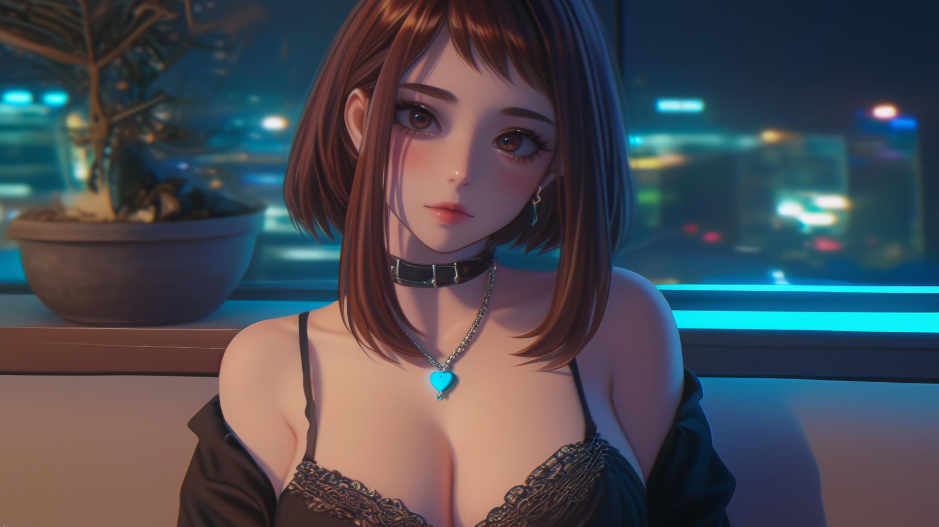 Ochaco Uraraka in a modern hotel room with neon light glow