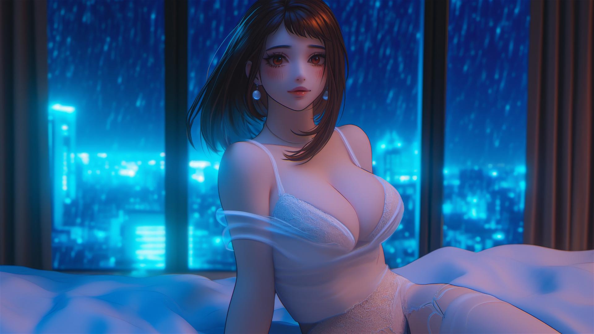 Ochaco Uraraka in a modern hotel room with neon light and auburn hair.