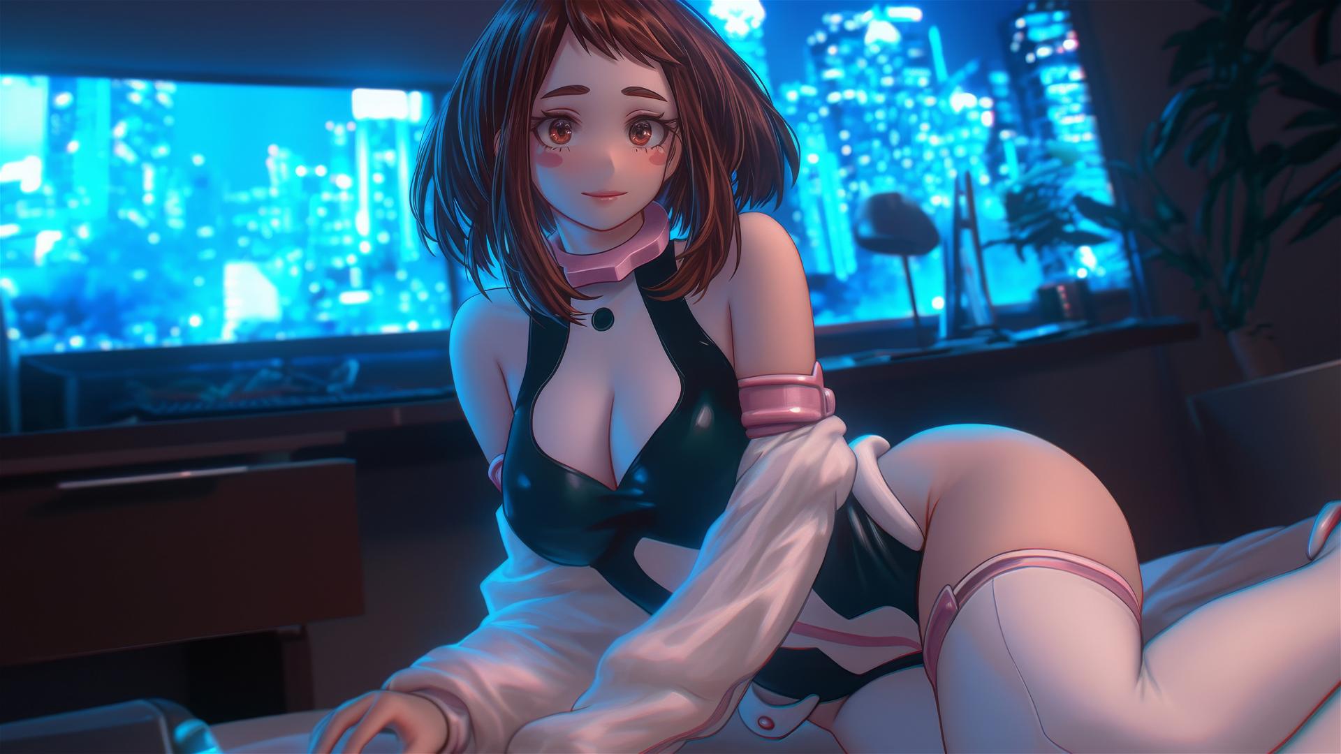 Ochaco Uraraka in modern hotel room with neon light, auburn hair, and pink blush.