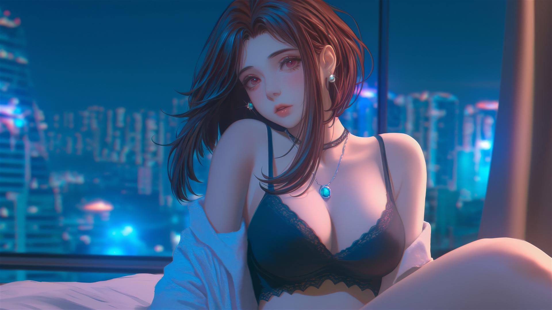 Ochaco Uraraka from My Hero Academia in a neon-lit modern hotel room, auburn hair, pink blush