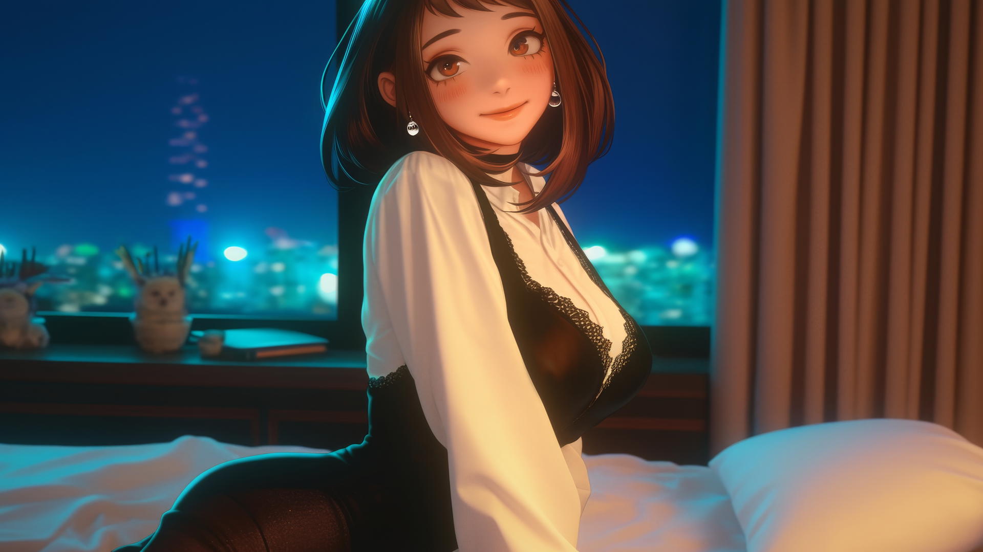 Ochaco Uraraka from My Hero Academia in a modern hotel room with neon lighting.