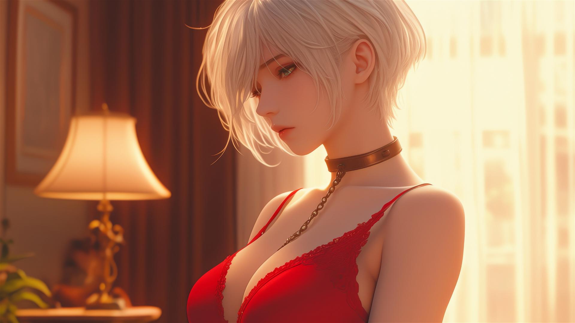 2B from Nier, in a red outfit, neck locked with thick iron chains, in a modern hotel room with warm lighting.