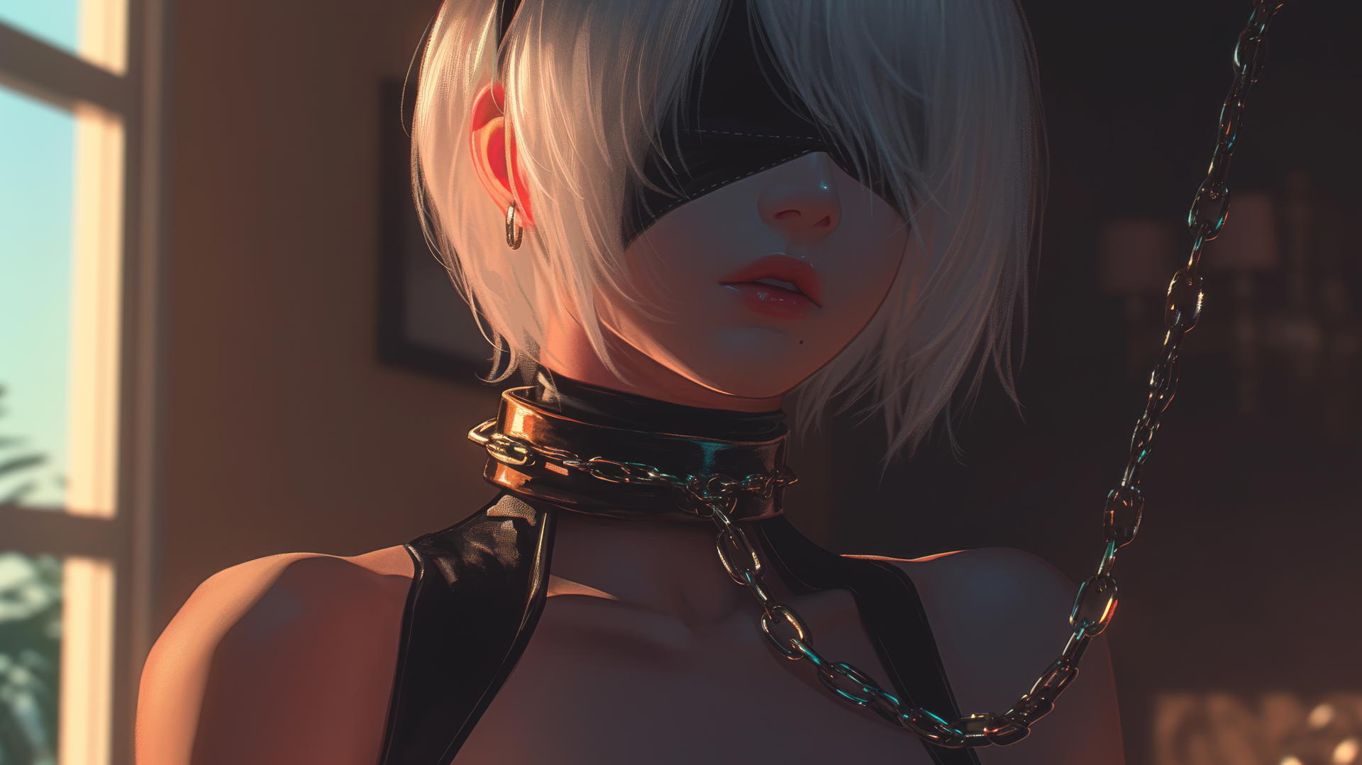2B from Nier in red, blindfolded, with iron chains in a modern hotel room.
