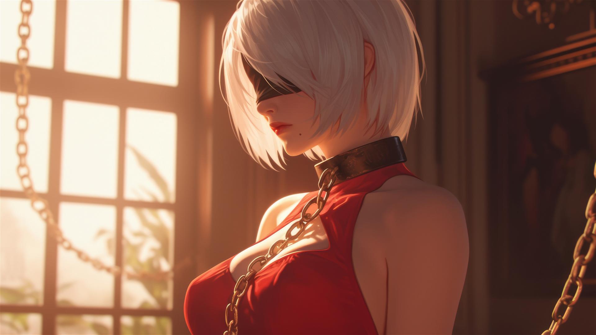 2B from Nier in a modern hotel room, neck locked in thick iron chains, wearing all red with a blindfold, soft warm light glow.