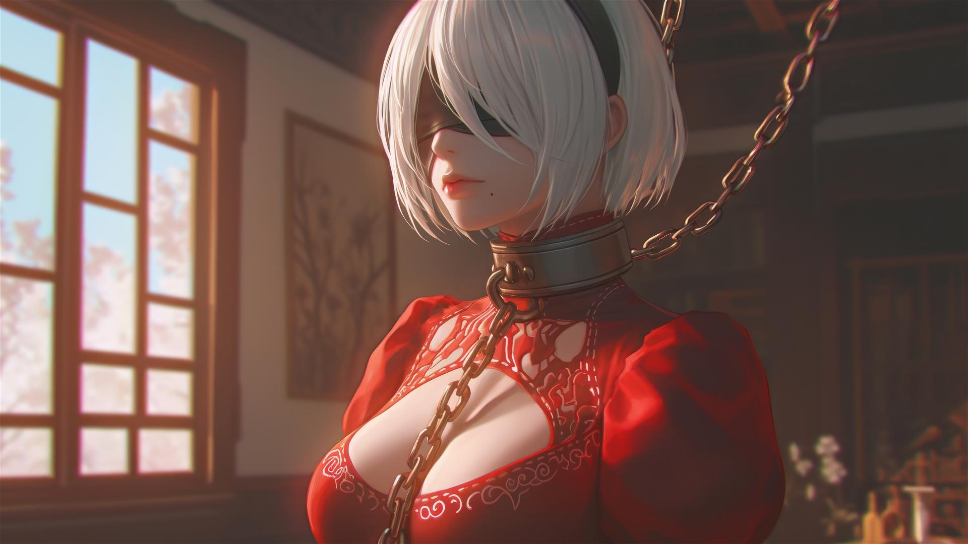 2B from Nier in a modern hotel room, neck locked with thick iron chains, wearing all red.