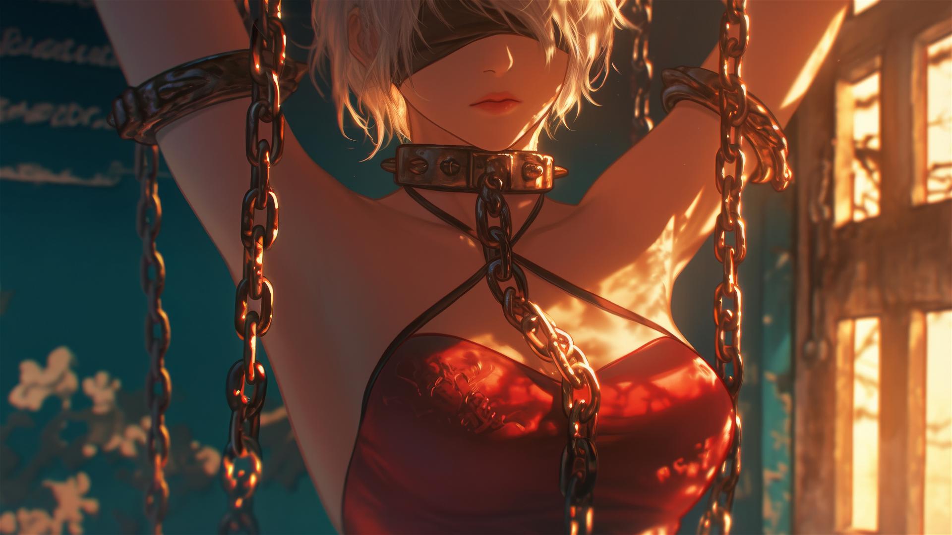 2B from Nier in red outfit, blindfolded, chained by neck in a tub with warm light