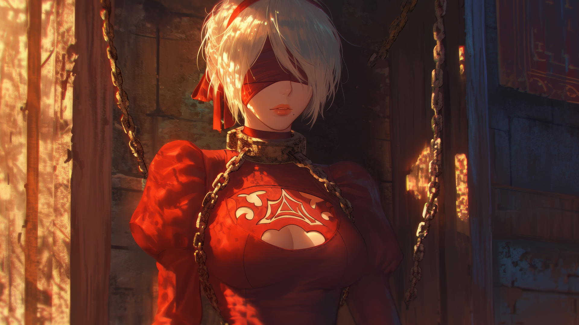 2B from Nier, neck locked with iron chains, wearing all red blindfold, in a tub with warm light glow.