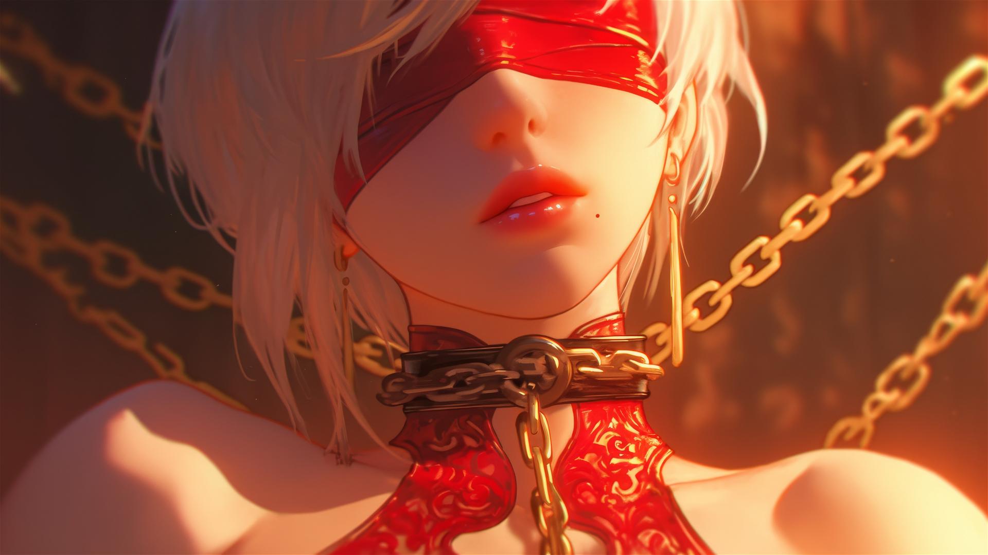 2B from Nier in red, blindfolded, chained, in a softly lit tub