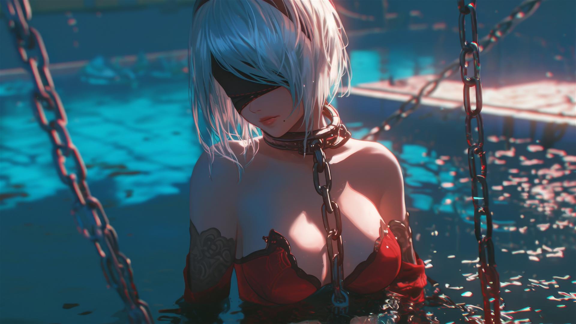 2B from Nier wearing a red outfit, blindfolded, chained, in a warm-lit apartment tub.