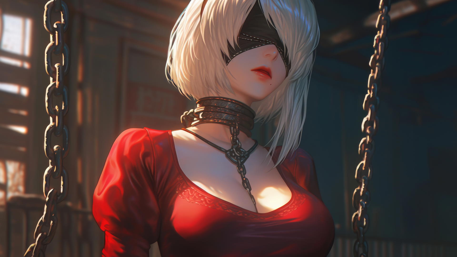 2B from Nier wearing red with blindfold, chained at neck, in a softly lit tub.