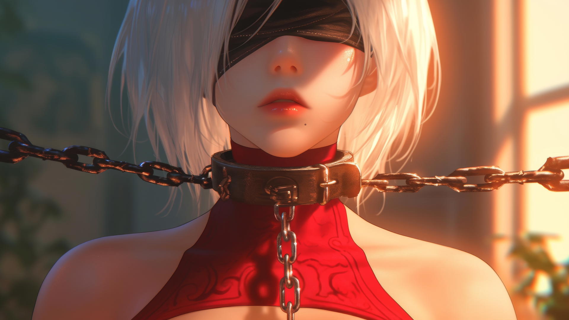2B from Nier with neck locked in thick iron chains, wearing a red outfit and blindfold, in a modern apartment.