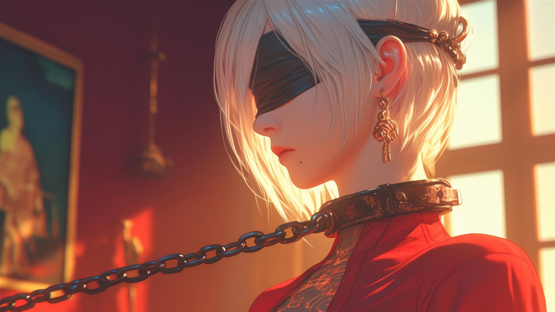 2B from Nier in a modern hotel room, neck locked in thick iron chains, wearing all red with a blindfold, illuminated by warm light.