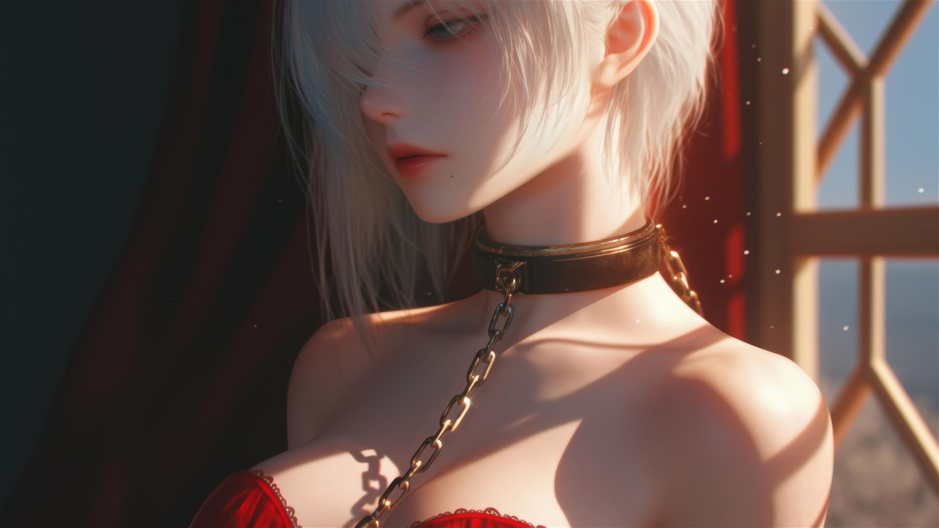 2B from Nier in a modern hotel room, neck locked with iron chains, wearing red and a blindfold