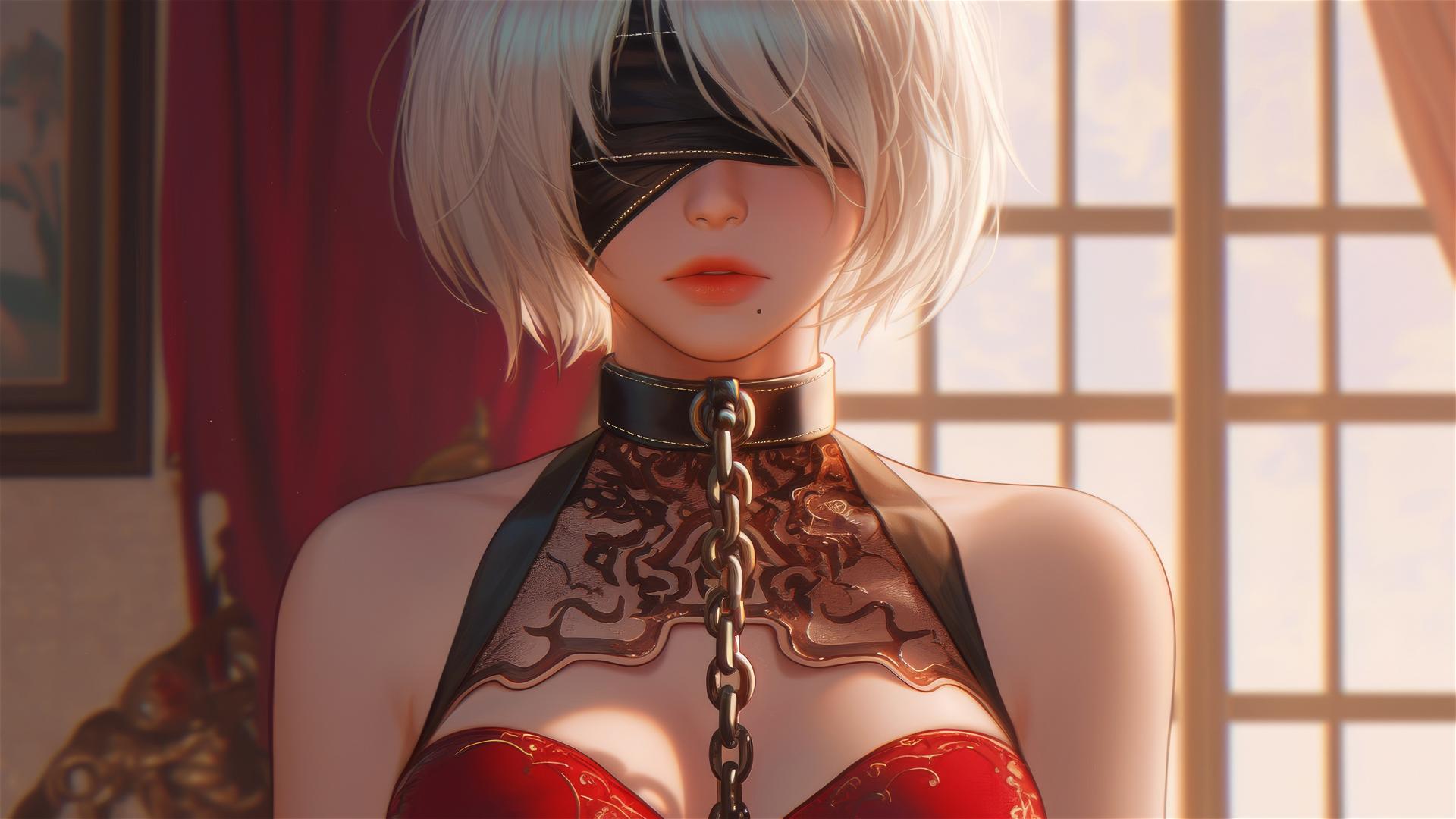2B from Nier in a modern hotel room with a red outfit and blindfold, chained at the neck