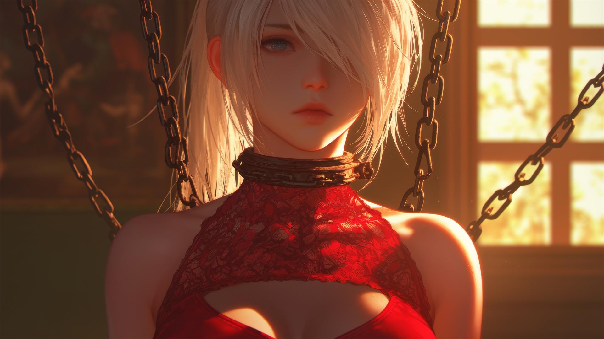 2B from Nier in a modern hotel room with iron chains around her neck, wearing a blindfold and red outfit.