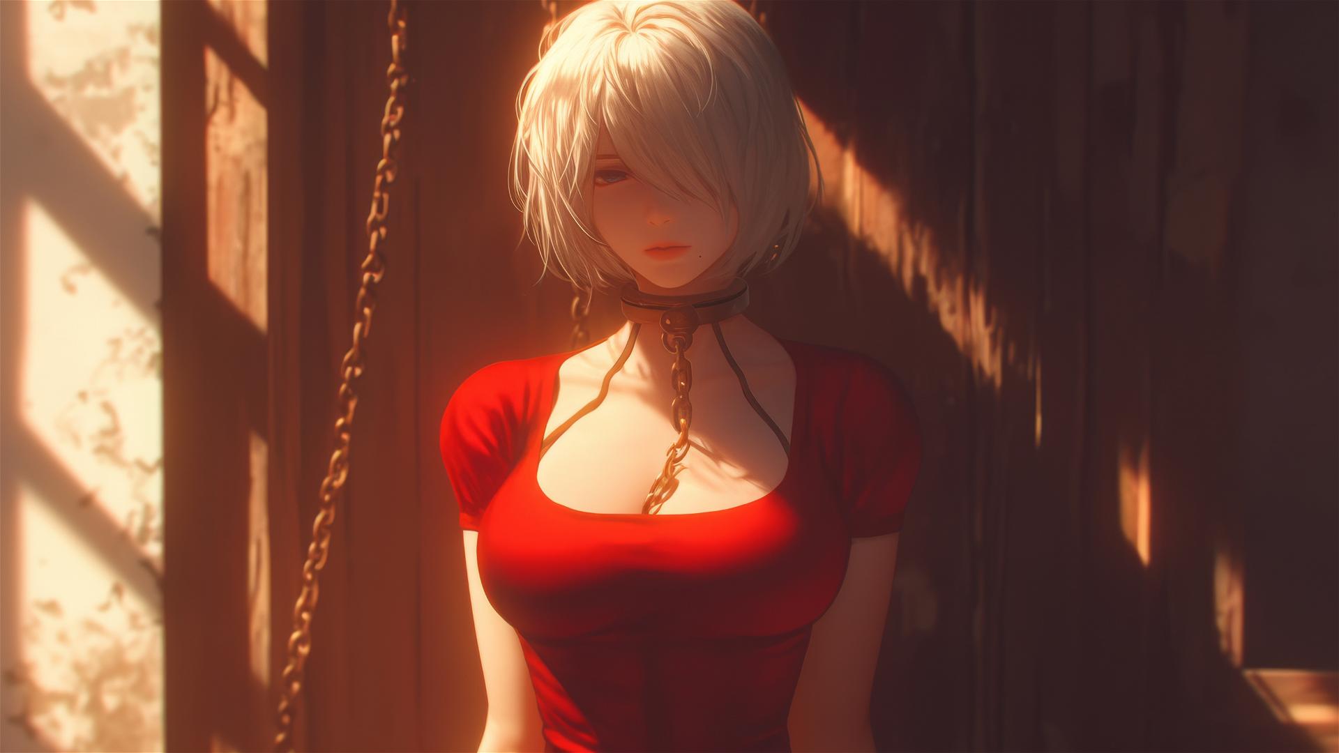 2B from Nier in a modern hotel room, neck locked with iron chains, wearing red and blindfolded.