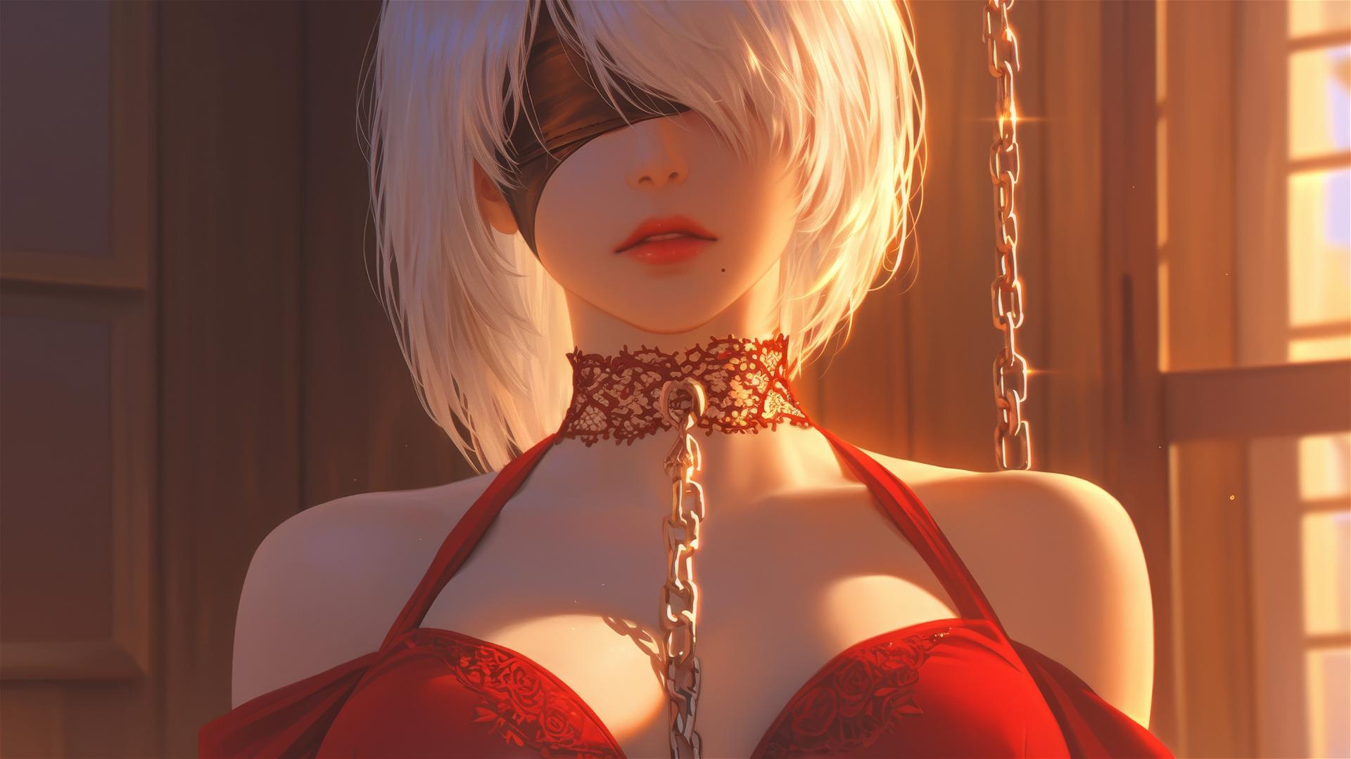 2B from Nier in a modern hotel room, neck locked with thick iron chains, wearing all red with a blindfold.
