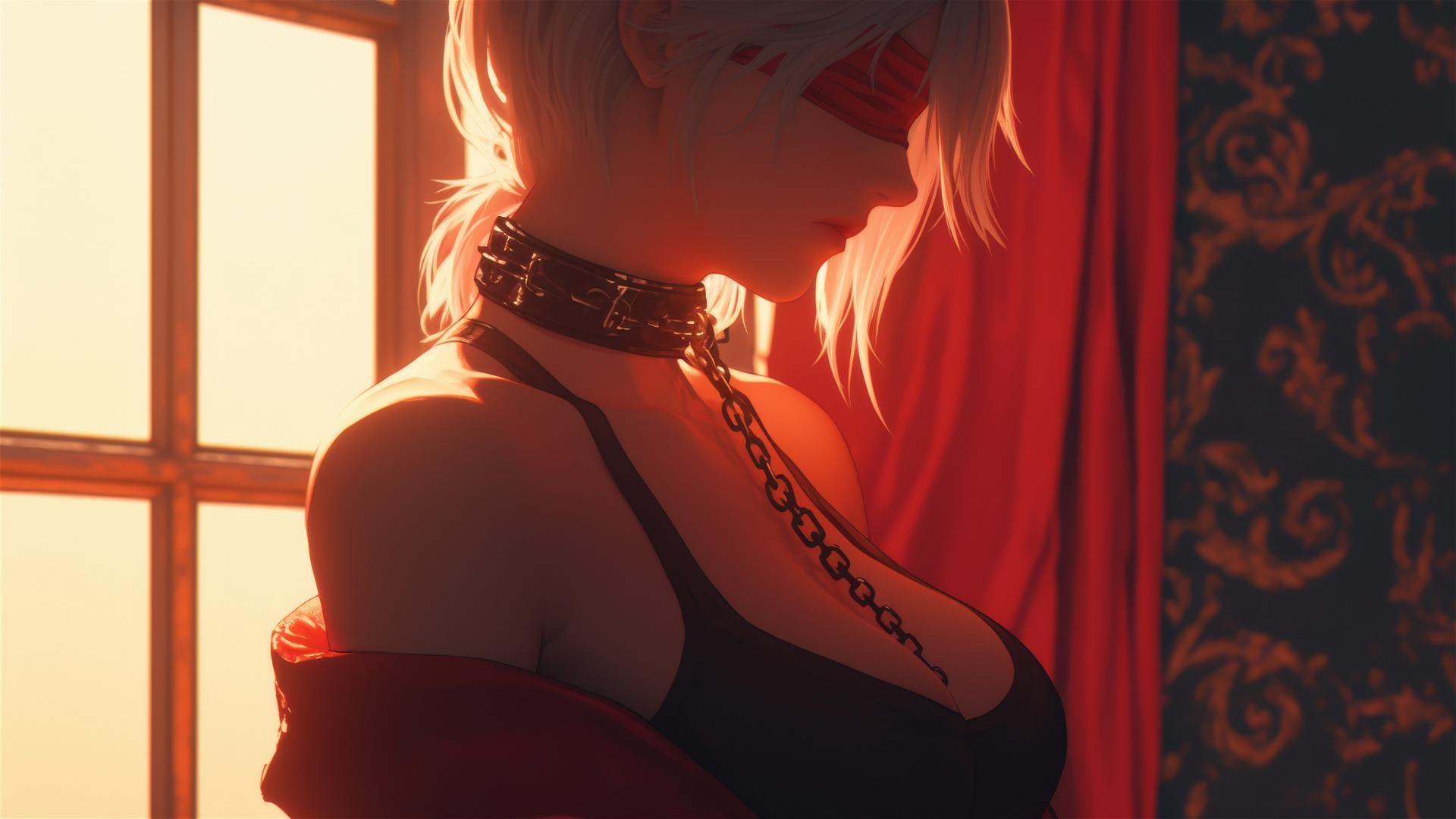 2B from Nier in a modern hotel room, neck locked by iron chains, wearing red and a red blindfold.