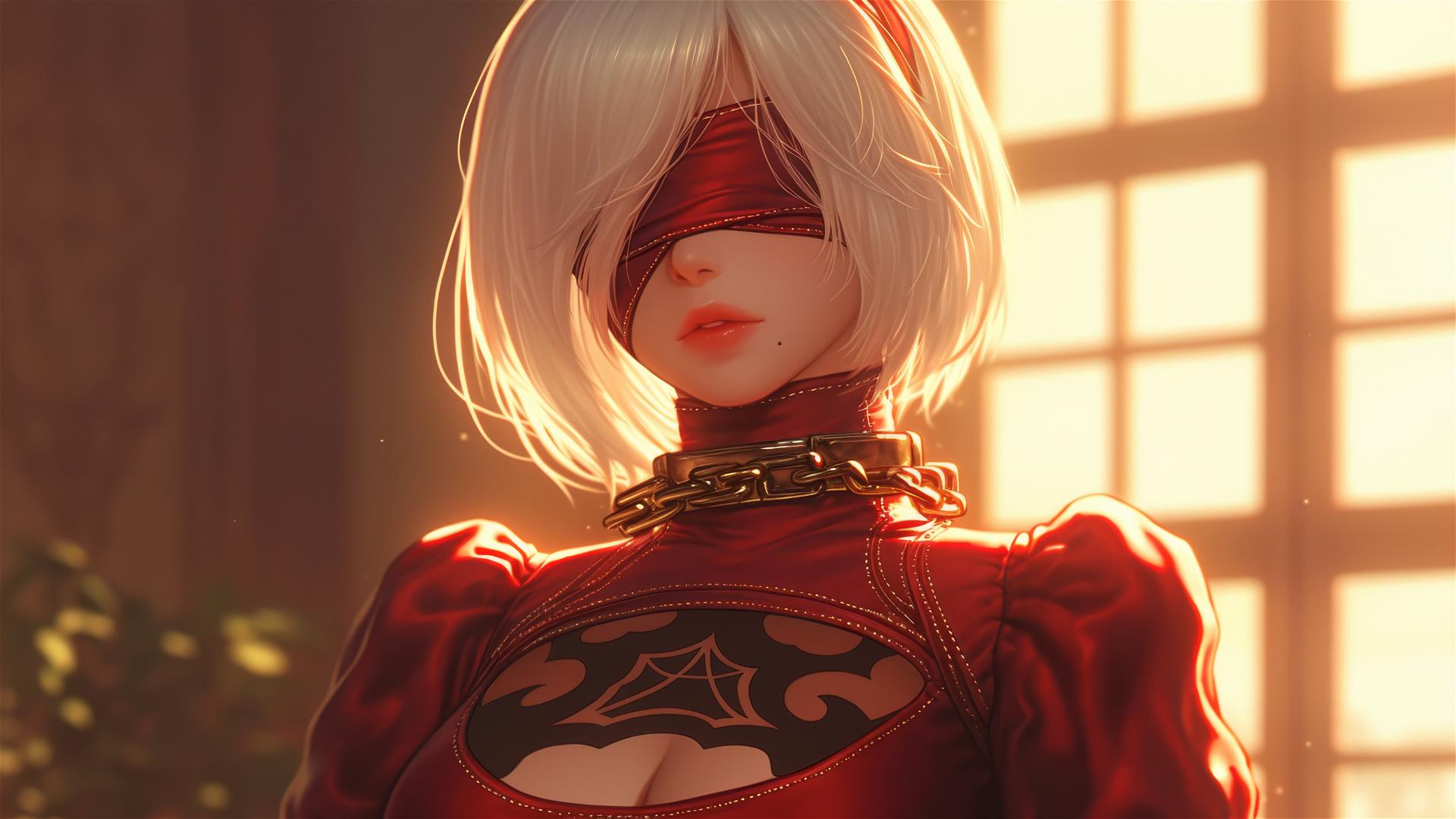 2B from Nier, in red attire with blindfold, neck locked by iron chains, in a modern hotel room.