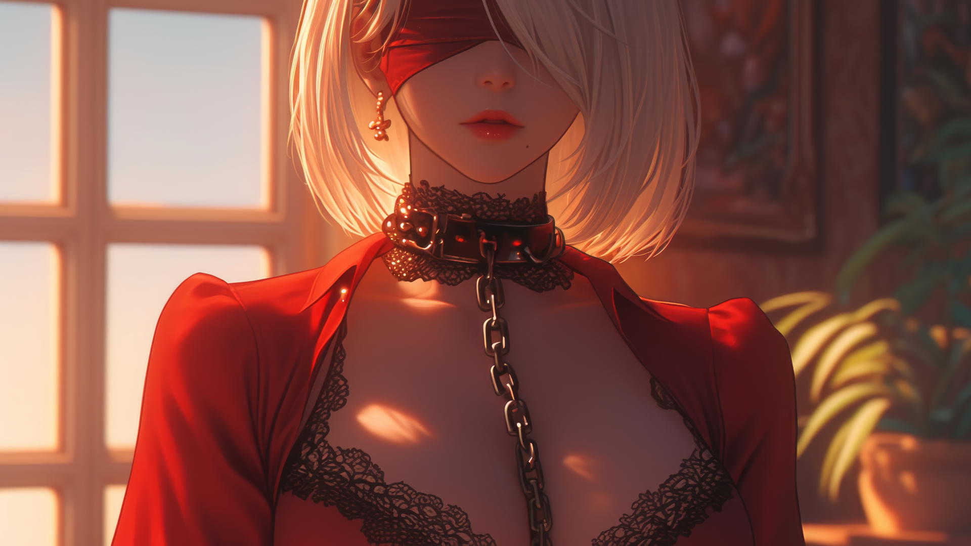 2B from Nier in a modern hotel room, locked in thick iron chains, wearing all red with a red blindfold