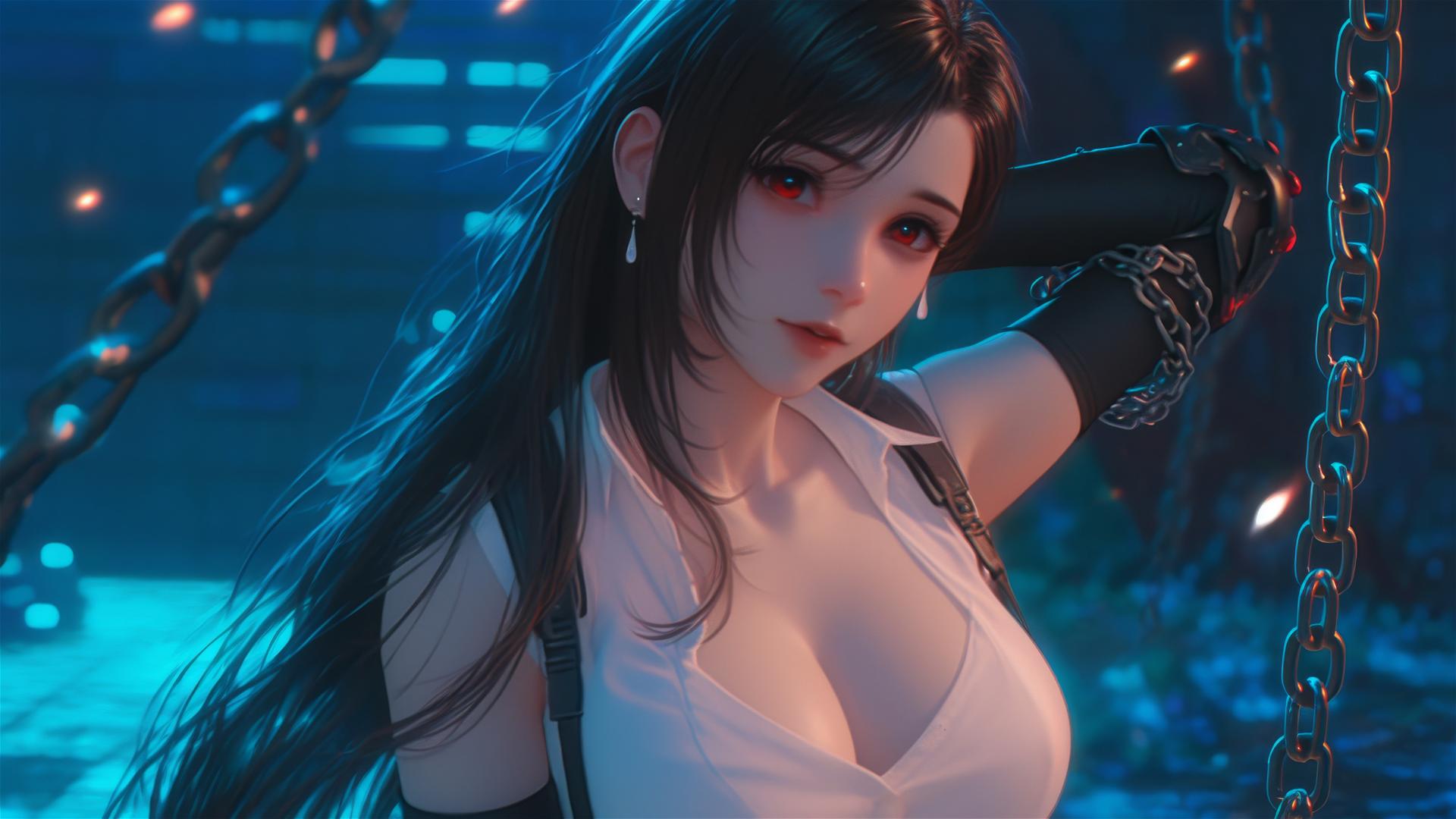 Tifa Lockhart from Final Fantasy, in chains, white shirt, dark basement, neon light