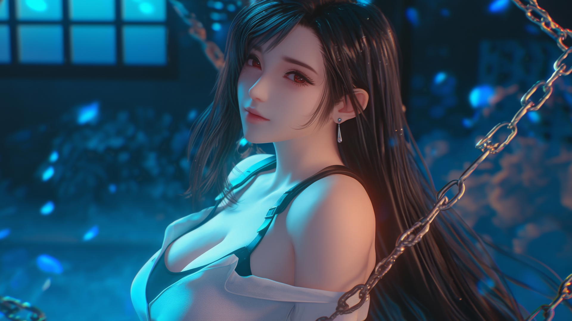 Tifa Lockhart from Final Fantasy in a dark basement with neon light and iron chains