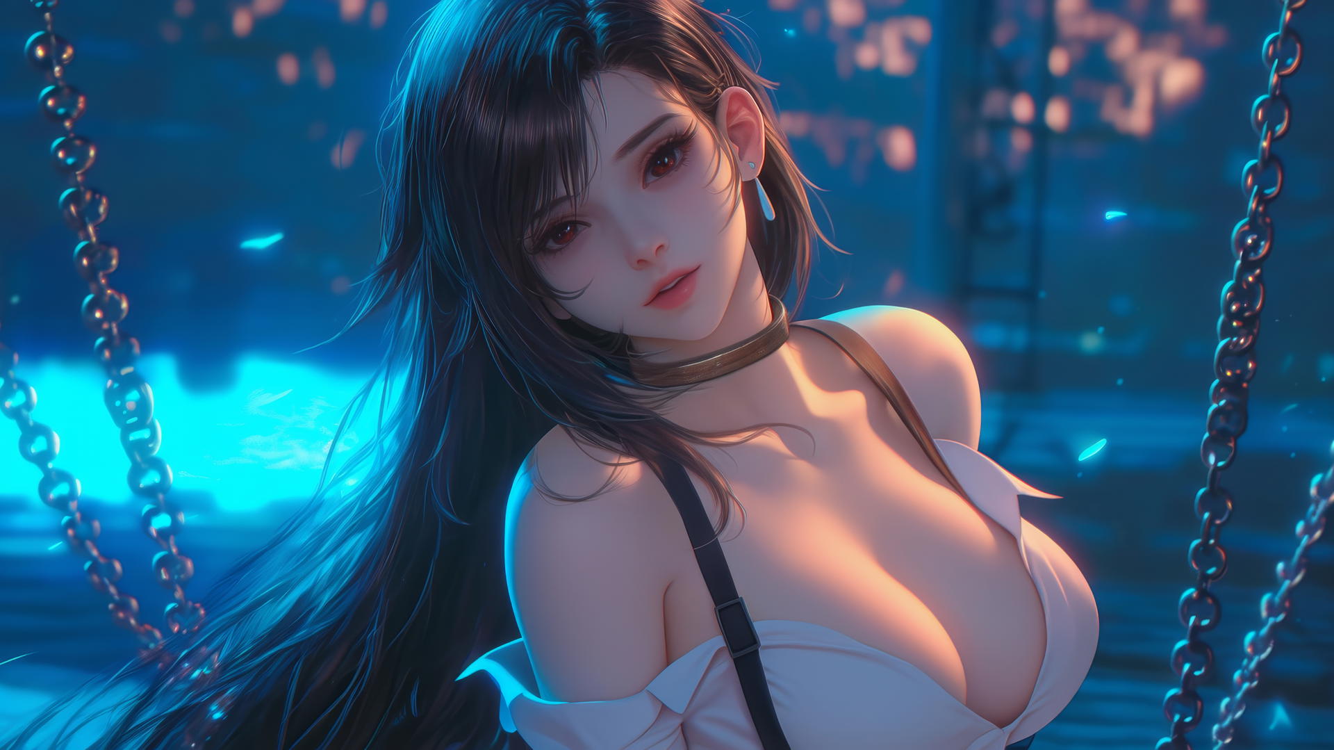 Tifa Lockhart from Final Fantasy in chains, neon-lit basement.