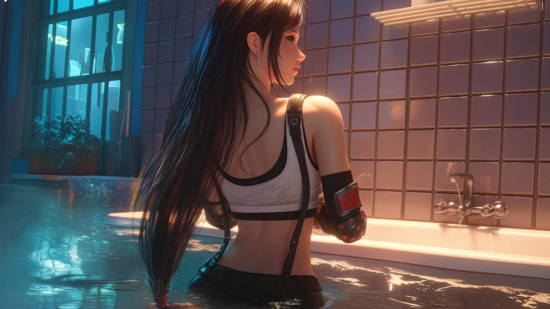 Tifa Lockhart from Final Fantasy standing by a bathtub in a modern apartment with warm light casting a soft glow.