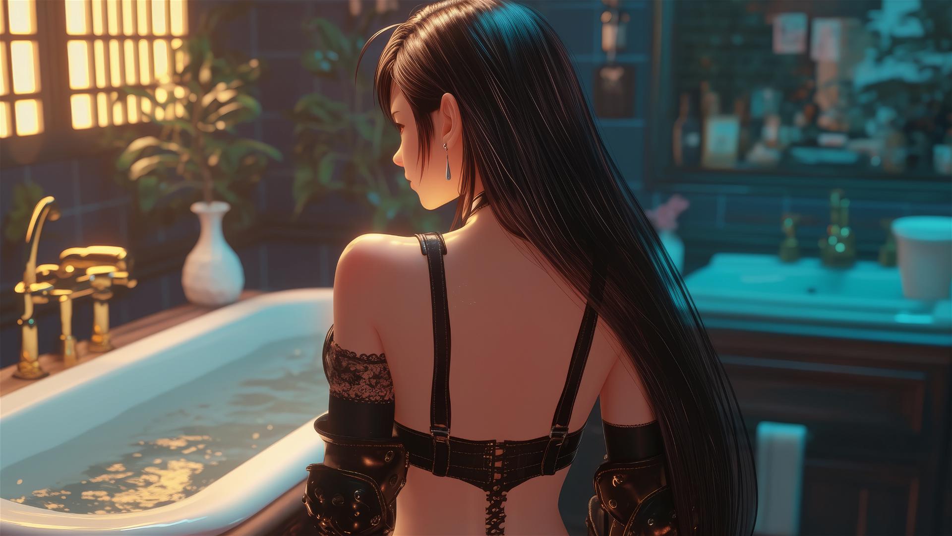 Looking at Tifa Lockhart from behind, at a tub in a modern apartment, with warm light casting a soft glow on her figure.