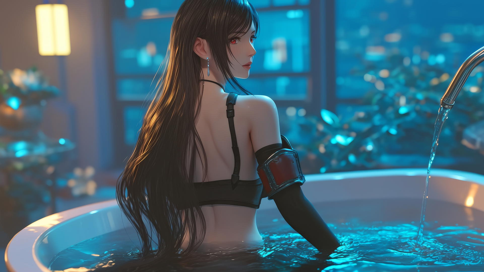 Tifa Lockhart from Final Fantasy standing near a bathtub in a modern apartment, illuminated by warm light.