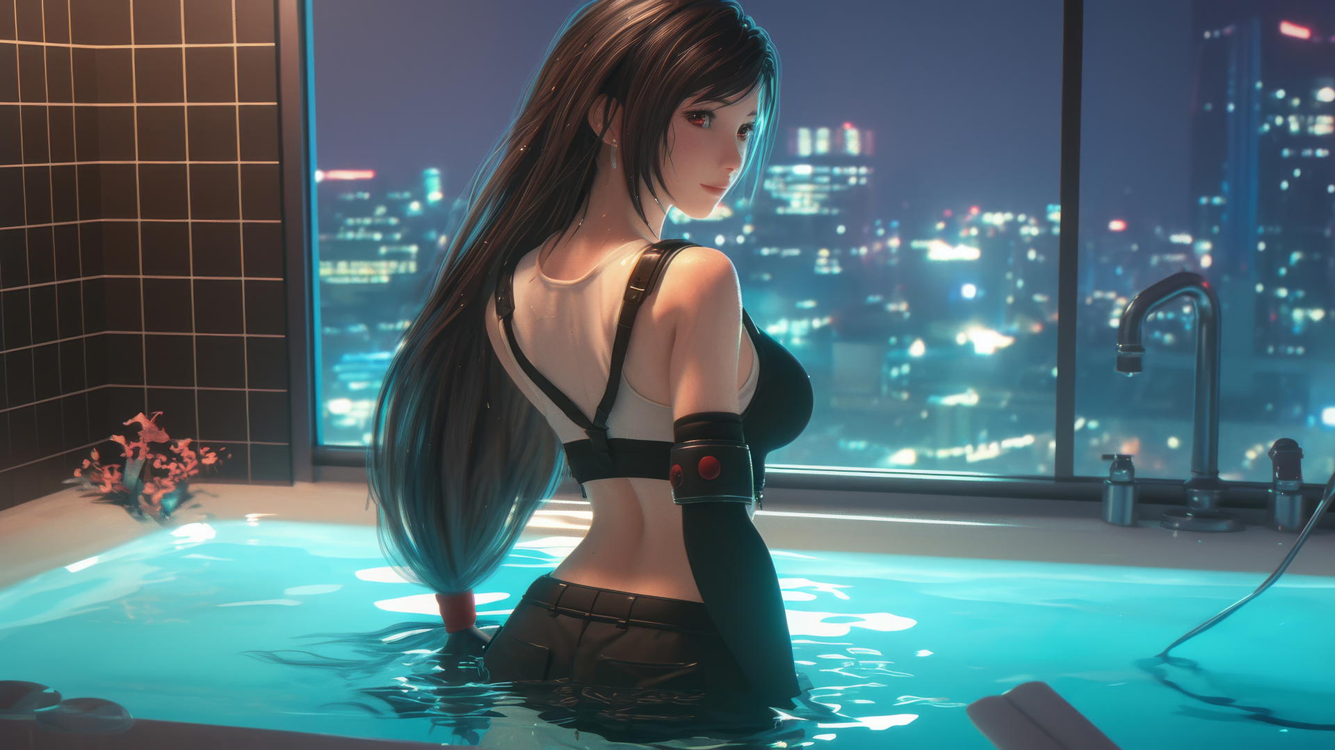 Tifa Lockhart from Final Fantasy standing at a tub in a modern apartment with warm light