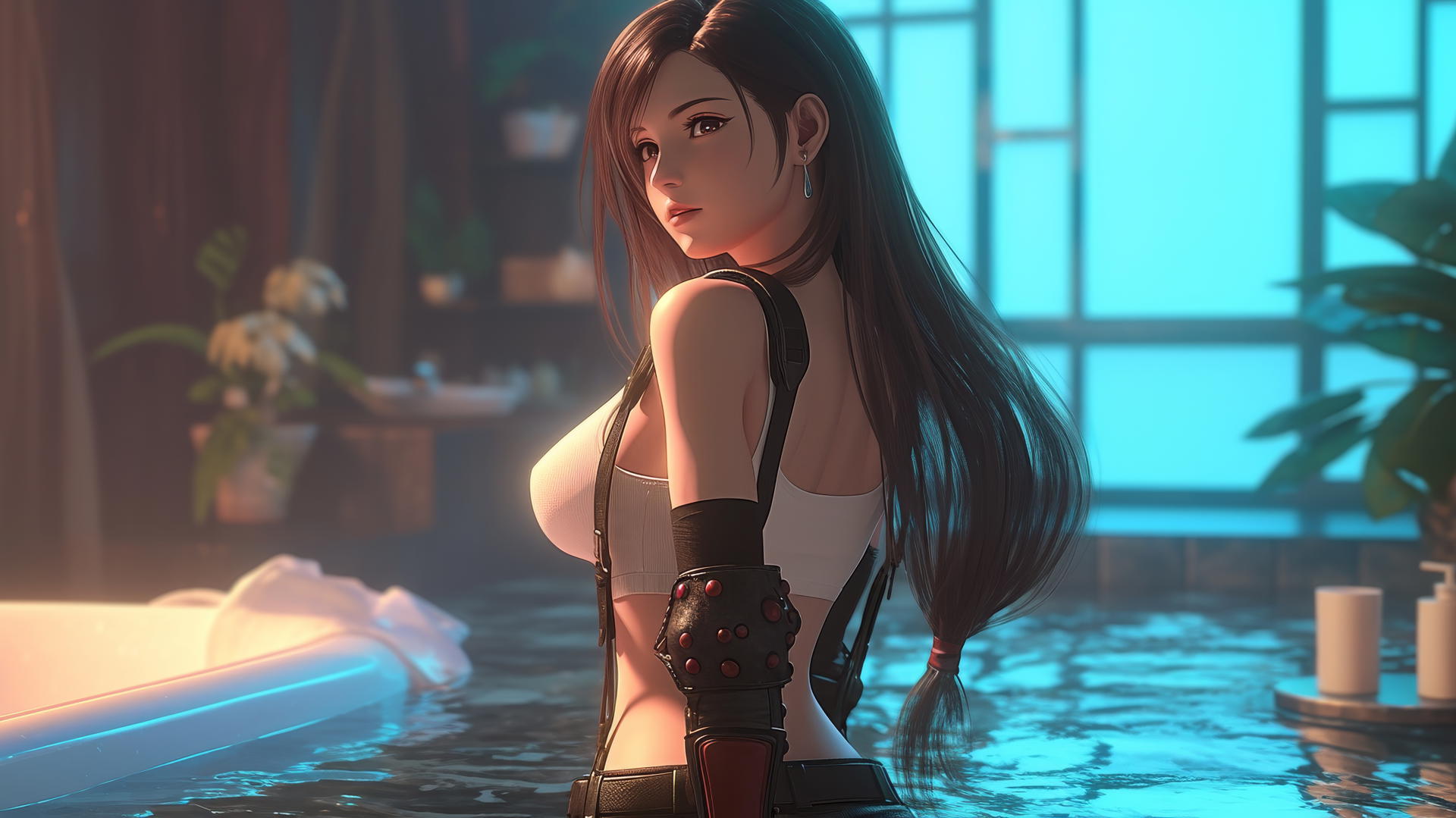 Tifa Lockhart from behind in a modern apartment with warm lighting.