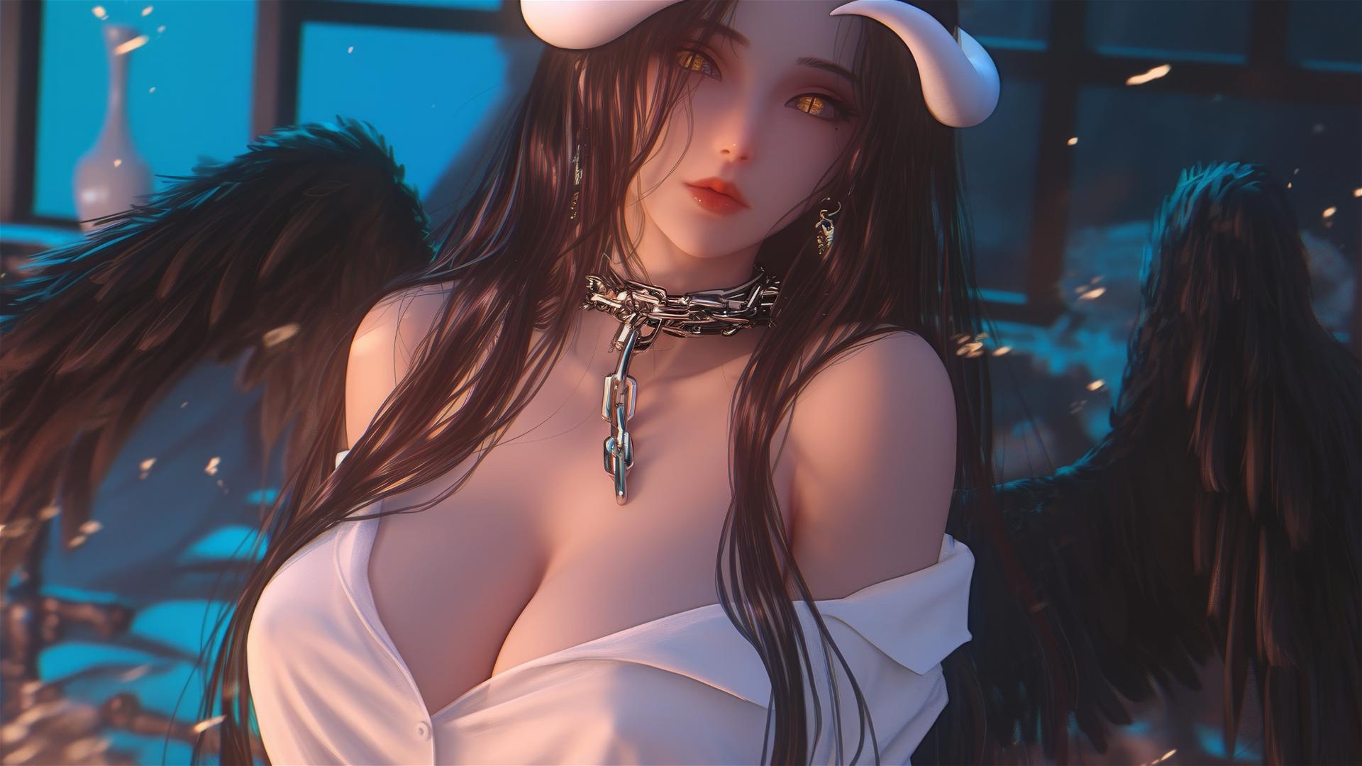 Albedo from Overlord, chained, in a modern hotel room with warm lighting