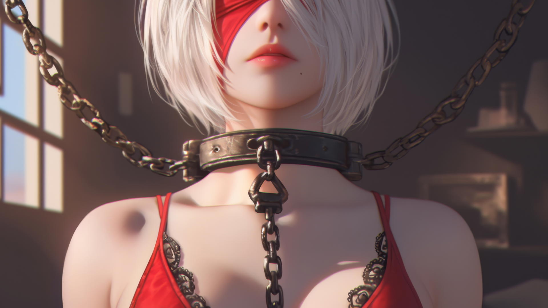 2B from Nier in red, chained by the neck, blindfolded in a hotel room with warm lighting.