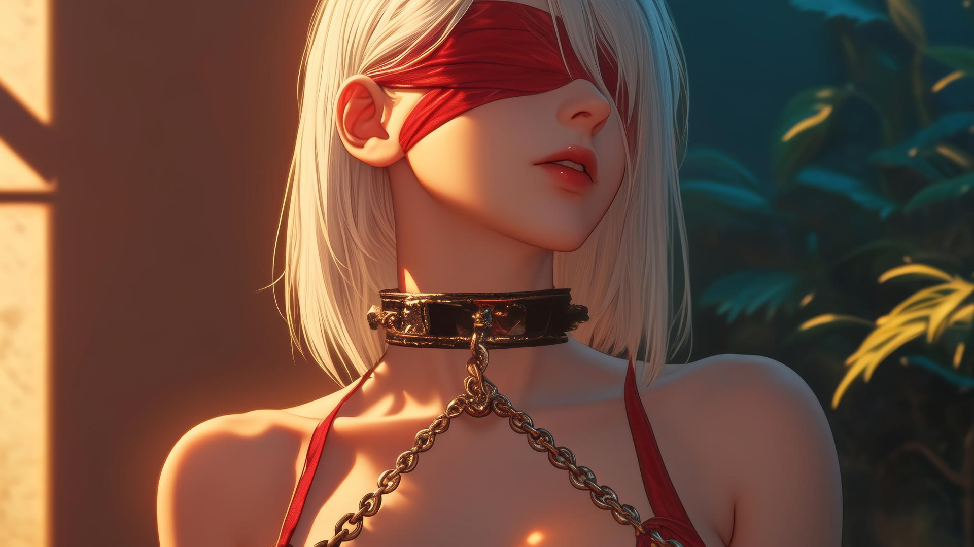 2B from Nier, neck locked with iron chains, in red, at modern hotel room.