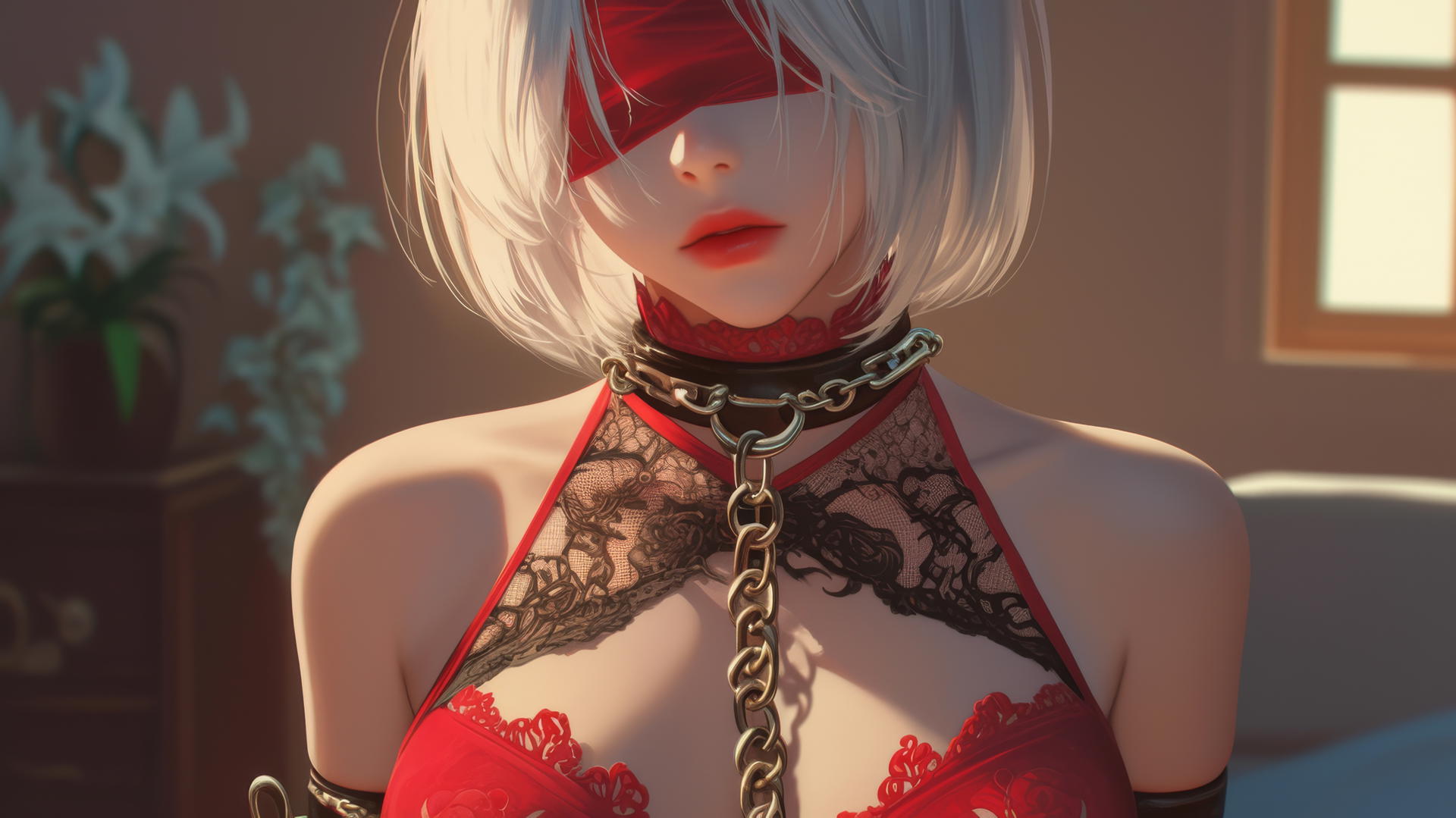 2B from Nier with iron chains around her neck, wearing a red blindfold, in a warmly lit modern hotel room.