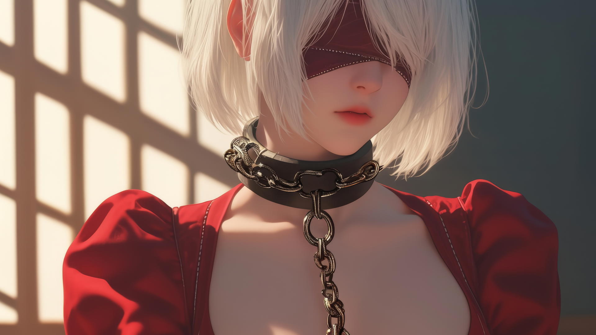 2B from Nier, neck locked with thick iron chains, wearing a red outfit and blindfold, in a modern hotel room with warm lighting.