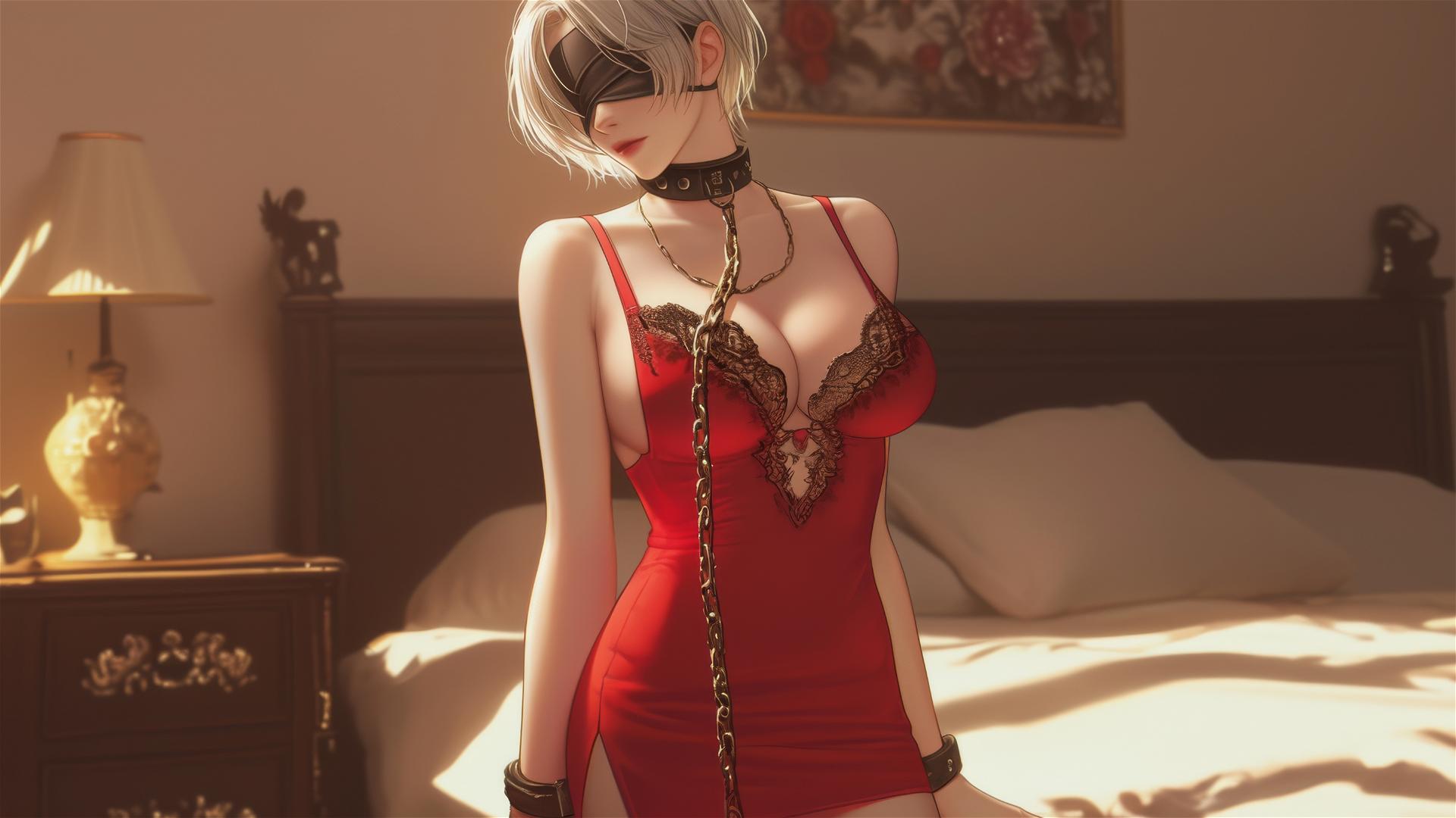 2B from Nier chained in a modern hotel room wearing a red outfit and blindfold