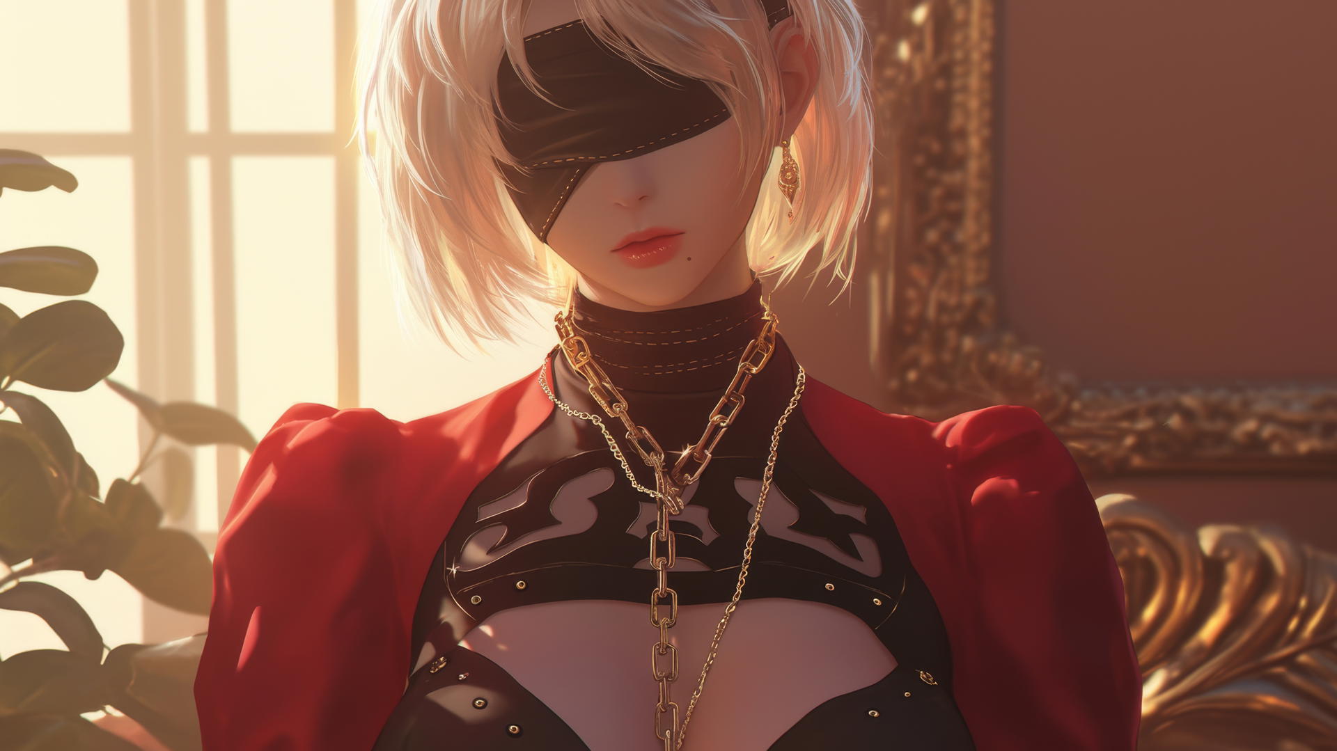 2B from Nier, neck locked with thick iron chains, wearing all red with a red blindfold, in a modern hotel room