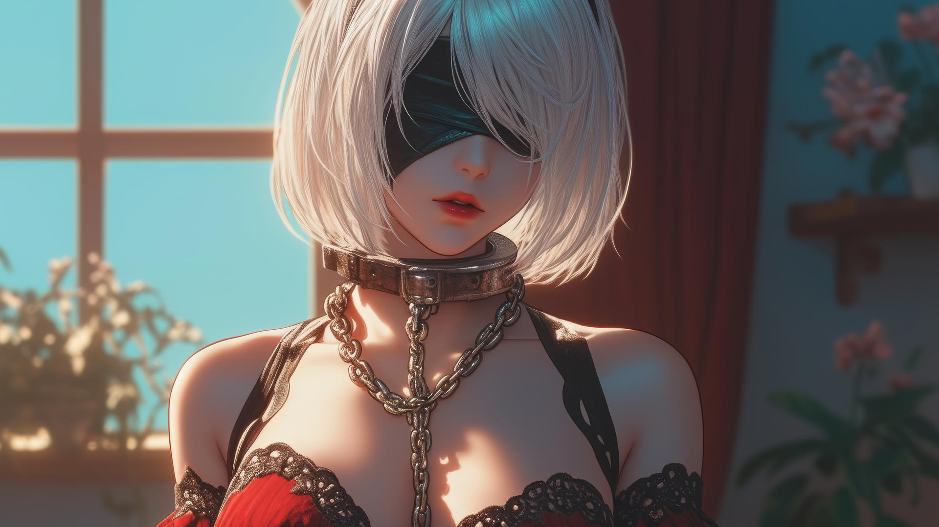 2B from Nier with neck locked in thick iron chains, wearing all red, in a modern hotel room