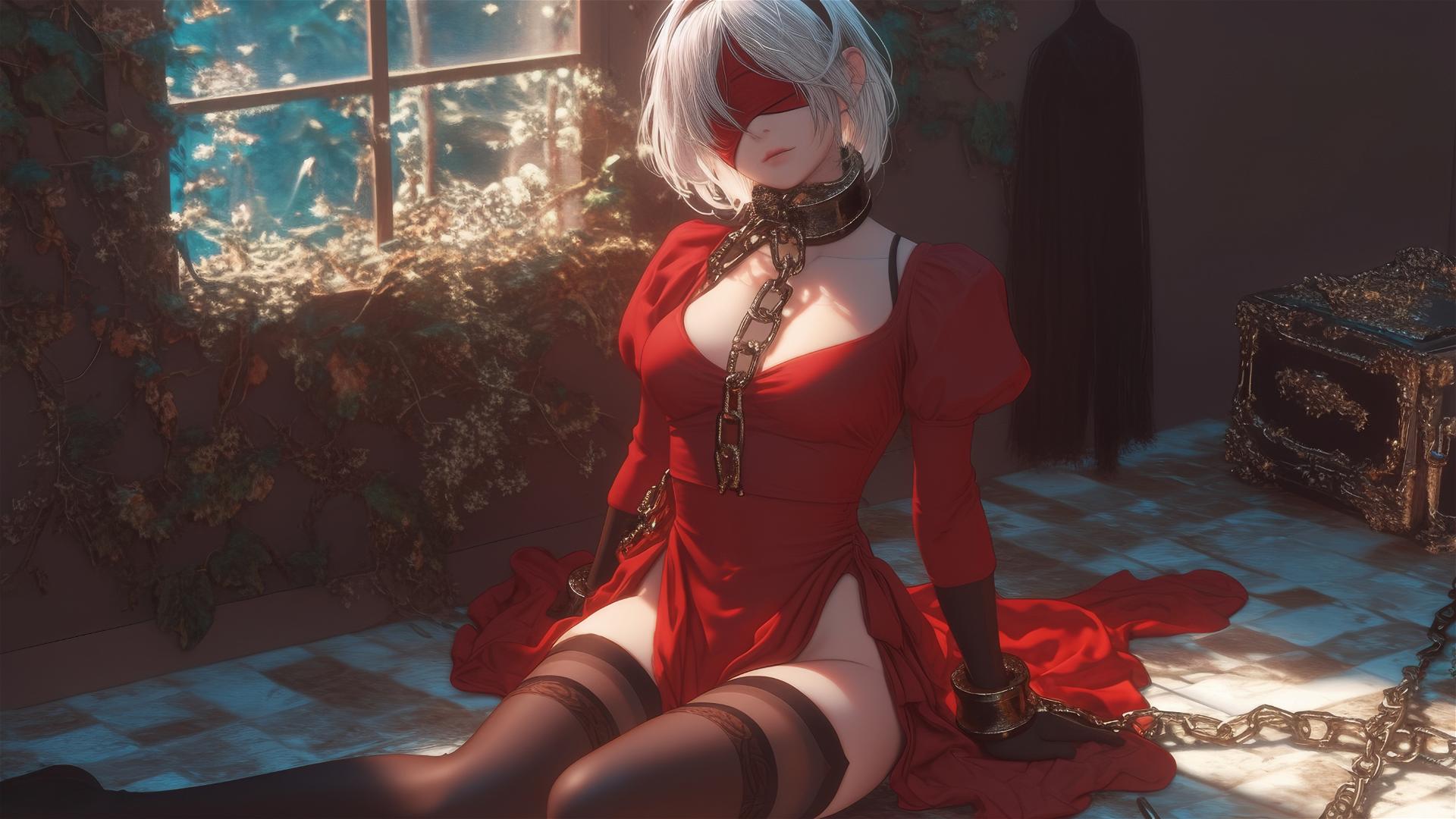 2B from Nier in red with neck locked by iron chains, blindfolded, in a modern apartment.