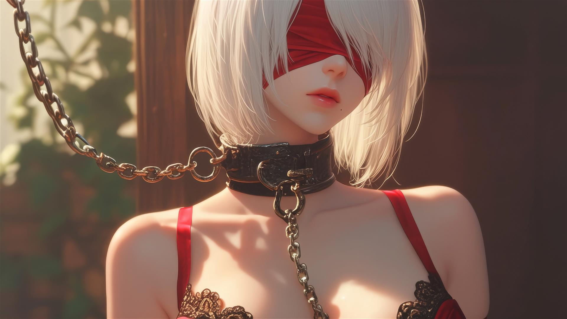 2B from Nier, neck locked with iron chains, in red outfit and blindfold, in a modern apartment tub.