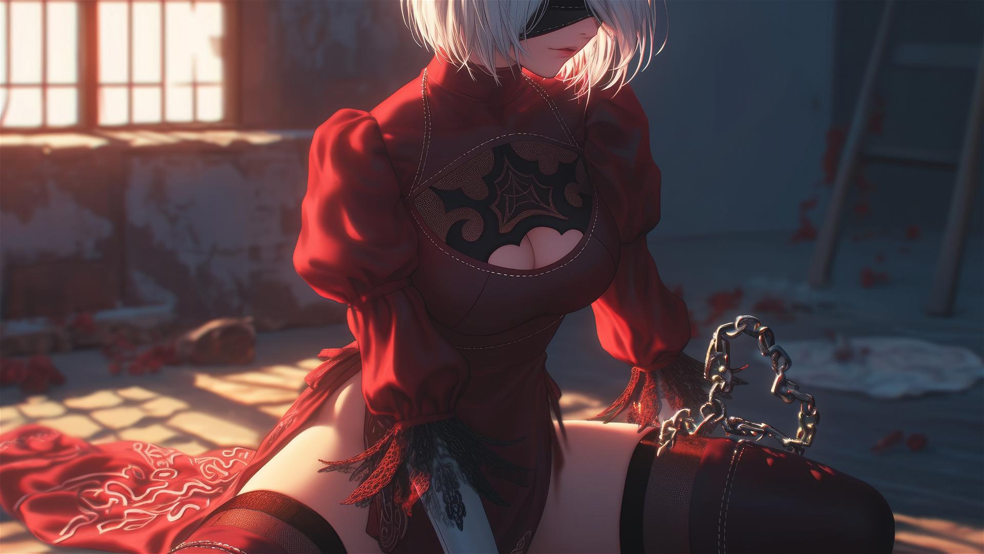 2B from Nier in iron chains, red outfit, in a modern apartment tub with warm lighting.